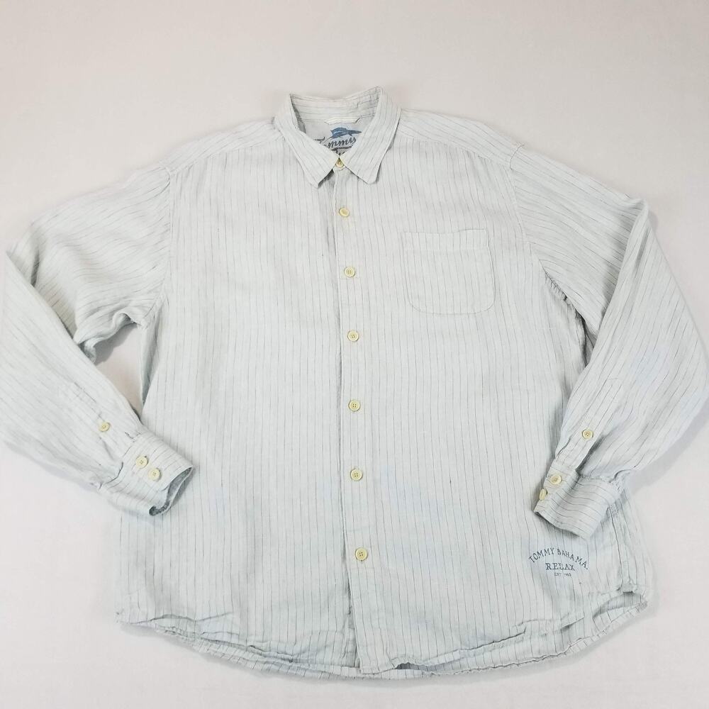 Tommy Bahama Shirt Mens XL Blue White Linen Button Up Relax Fit Casual Pocket
